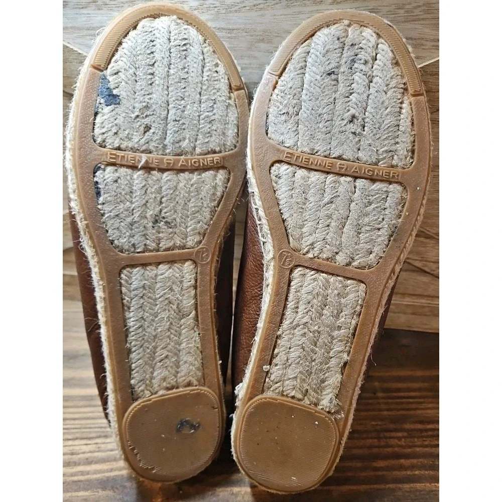 Vtg Etienne‎ Aigner Espadrille Ballet Flats 7.5 Brown Leather Bamboo Boho #427